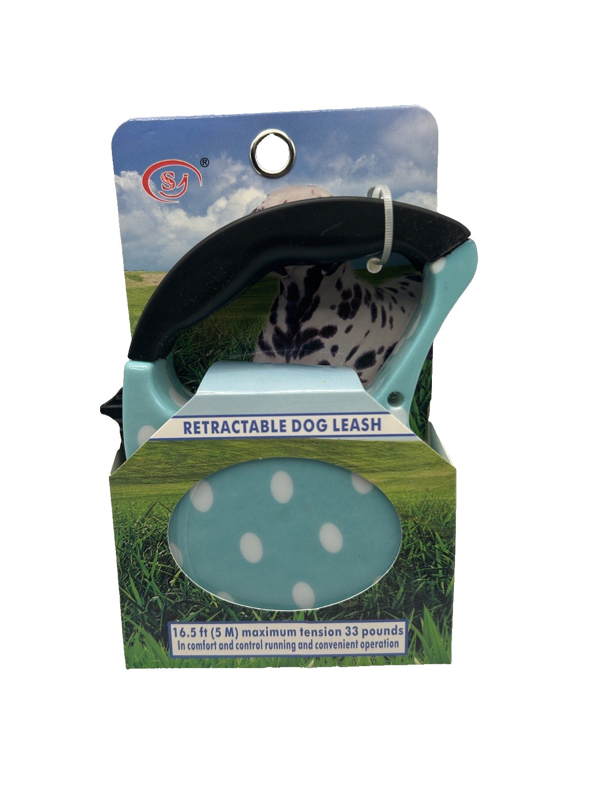 Retractable Dog Leash 16.5ft – Blue with White Polka Dots | Up to 33 lbs