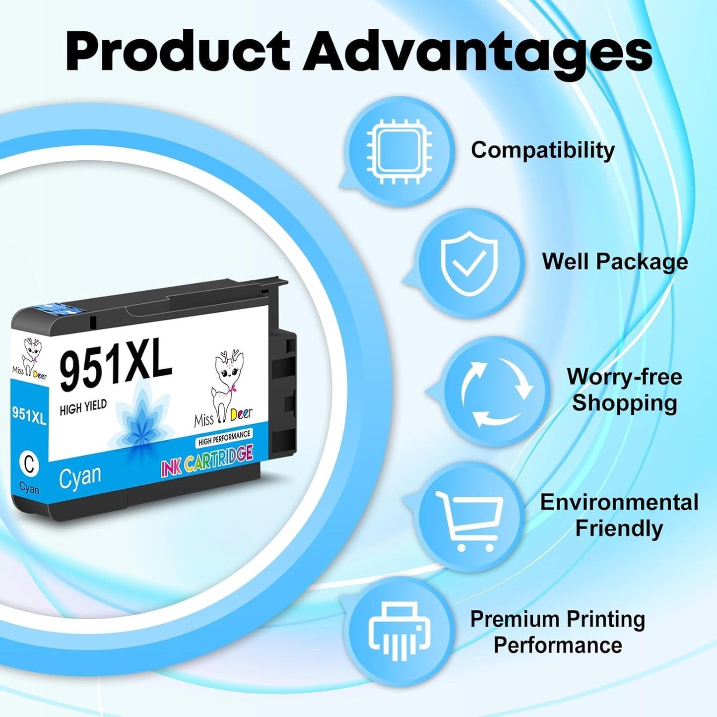 Miss Deer 951XL Ink Cartridges 3-Pack Color Compatible for HP OfficeJet Pro