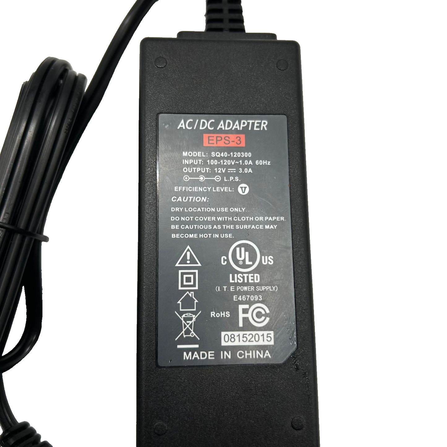 EPS-3 12V 3A AC/DC Power Adapter SQ40-120300 – UL Listed, Barrel Plug
