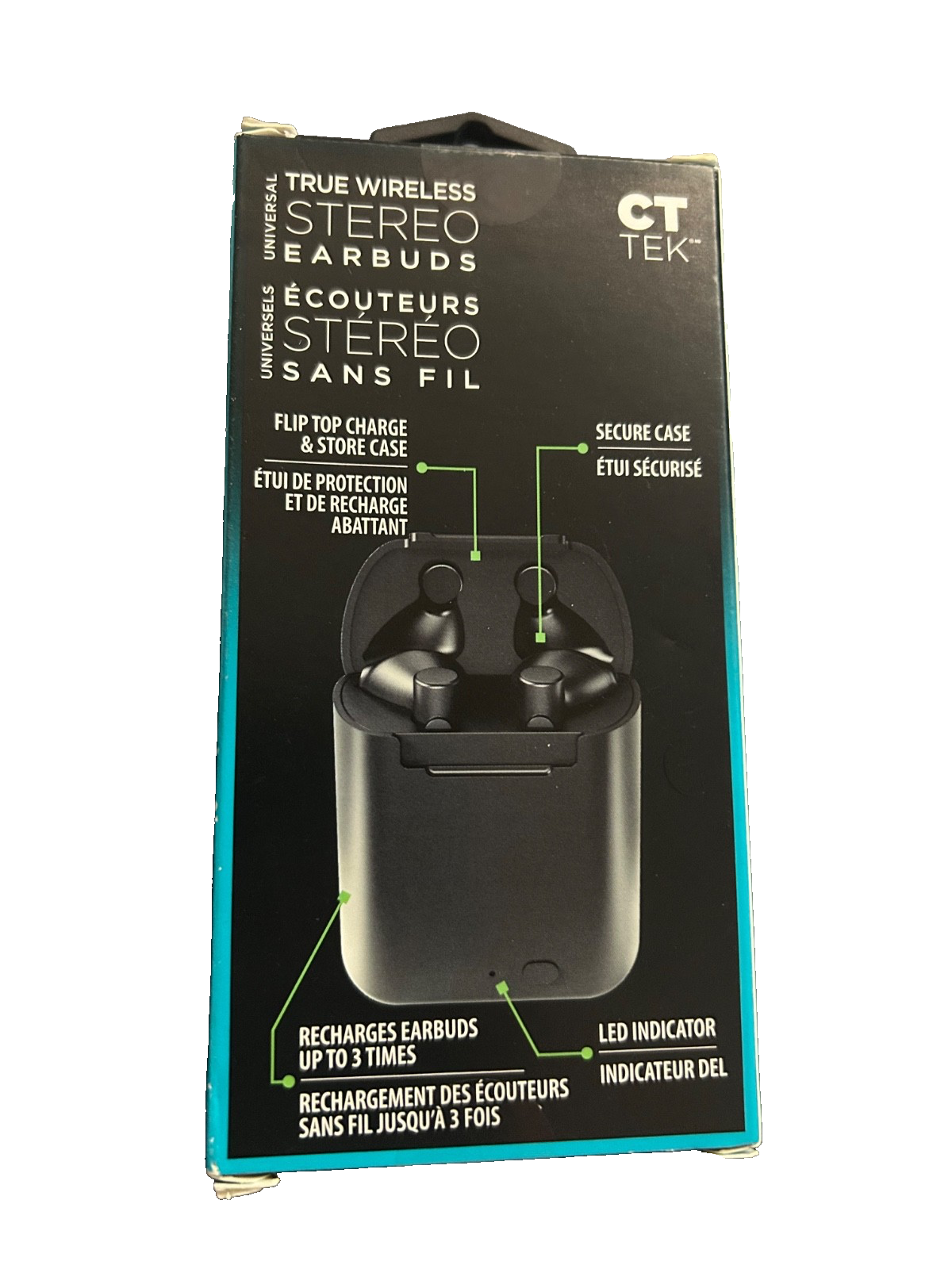 CT Tek True Wireless Stereo Earbuds w/ Charging Case – Black – Bluetooth