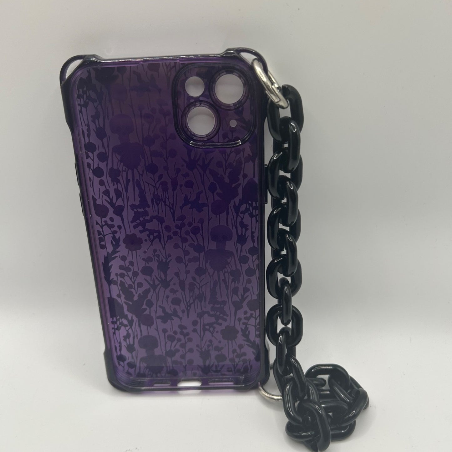 iPhone 14 Plus Case – Skeleton Floral Design with Black Chain Strap