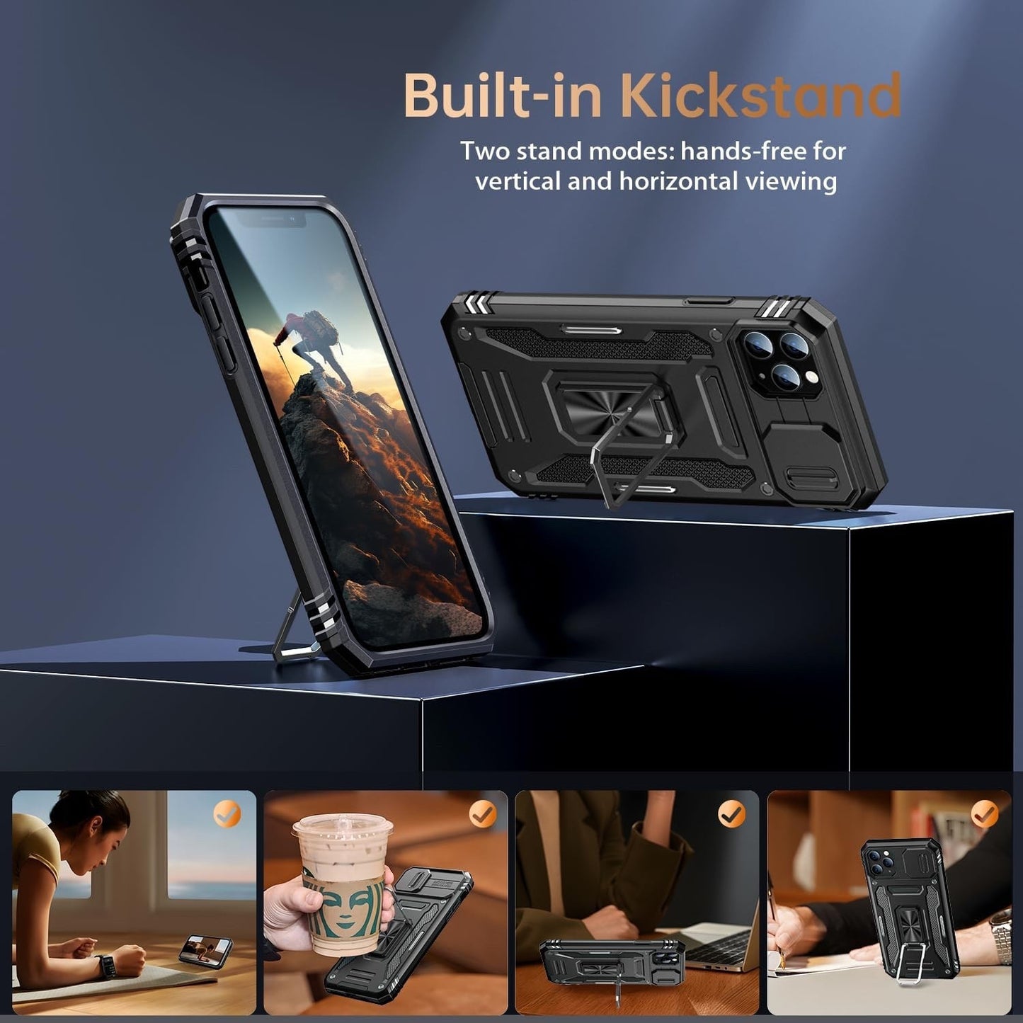 Goodon iPhone 11 Pro Case w/ Camera Cover + Screen Protector Kickstand Black