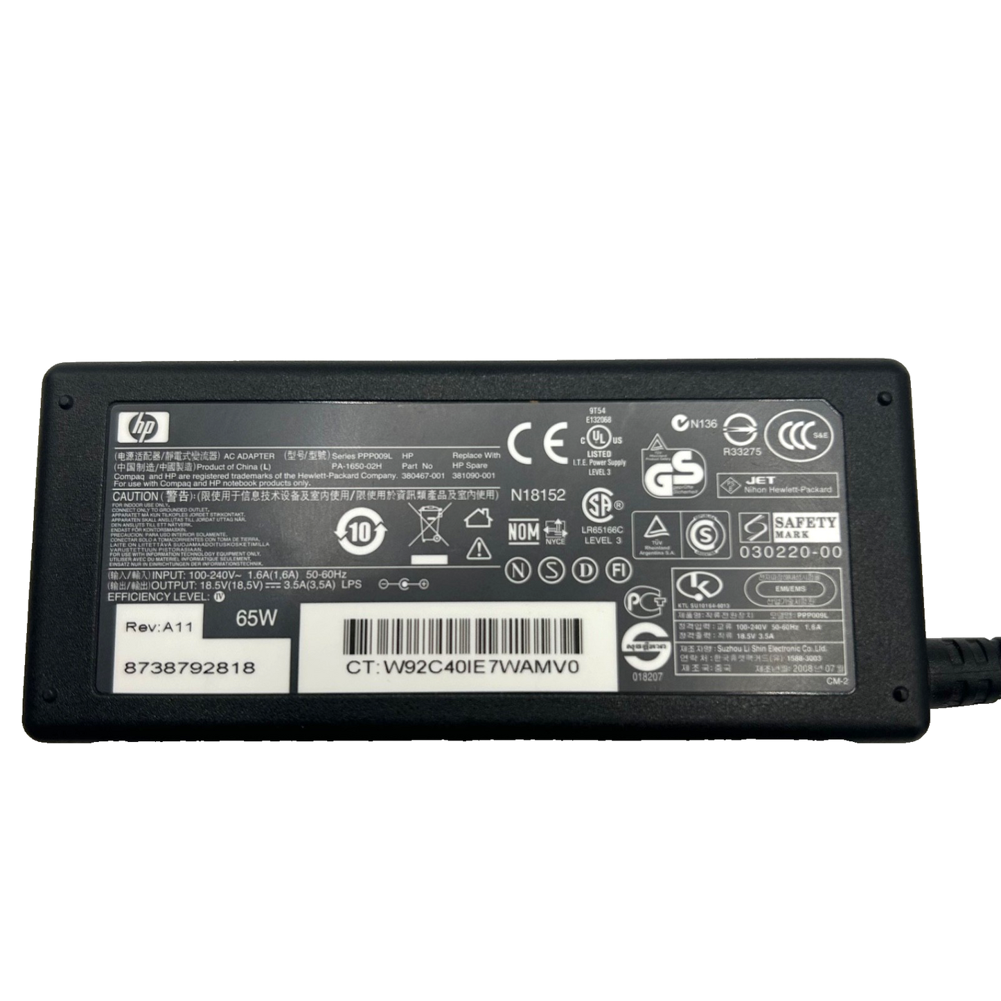HP 65W AC Adapter 380467-001 PA-1650-02HC 18.5V 3.5A Laptop Charger