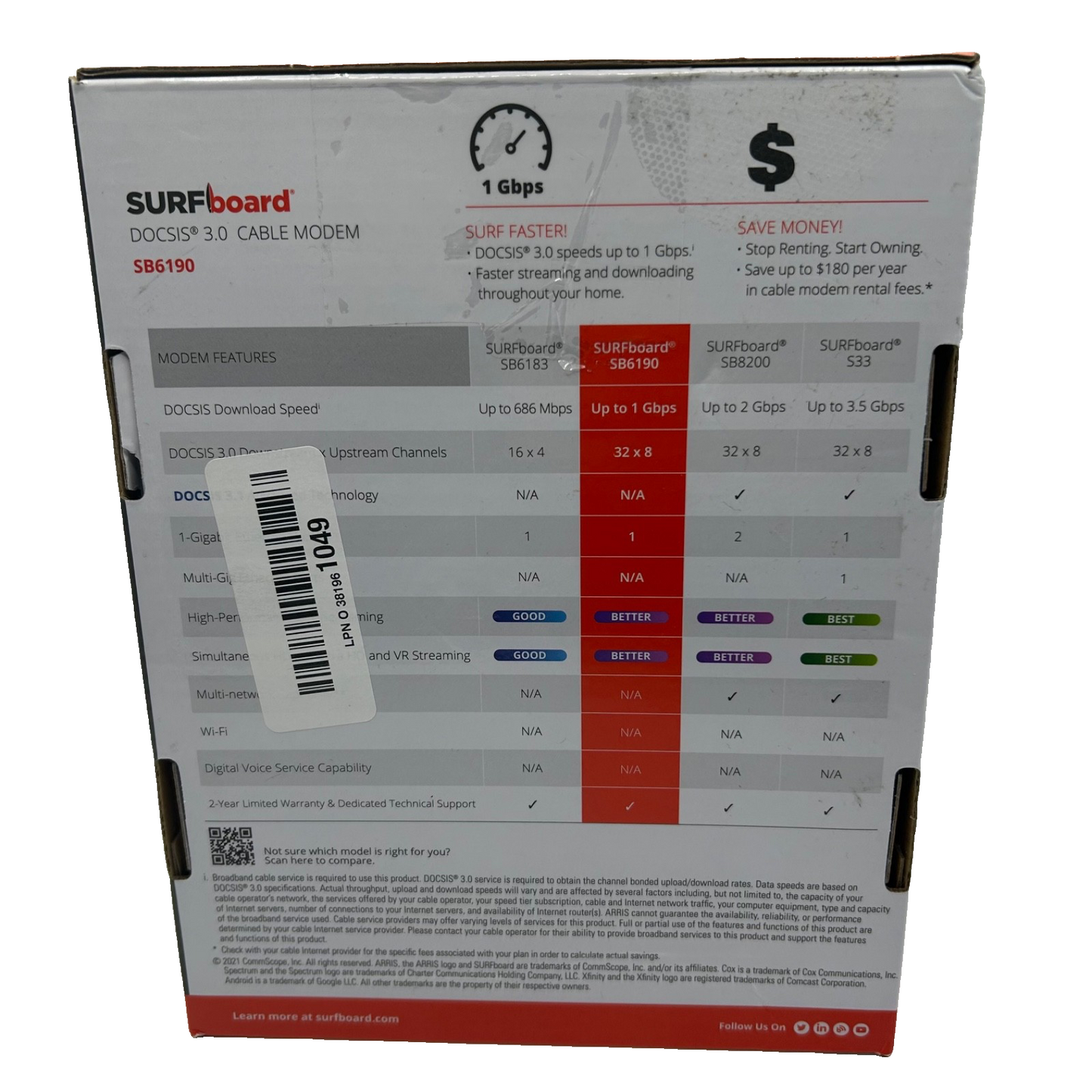 NEW ARRIS SURFboard SB6190 DOCSIS 3.0 Cable Modem 32x8 1Gbps Spectrum Xfinity