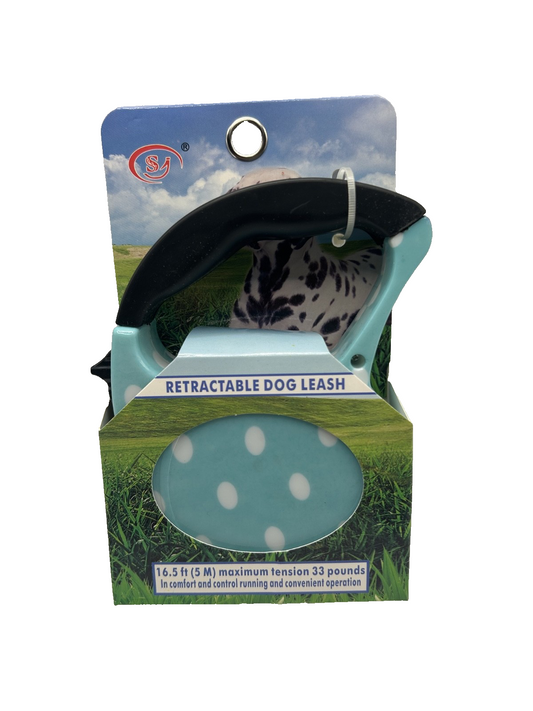 Retractable Dog Leash 16.5ft – Blue with White Polka Dots | Up to 33 lbs
