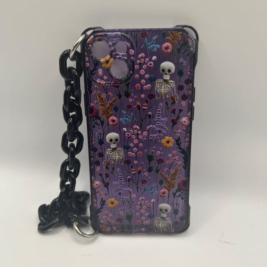 iPhone 14 Plus Case – Skeleton Floral Design with Black Chain Strap