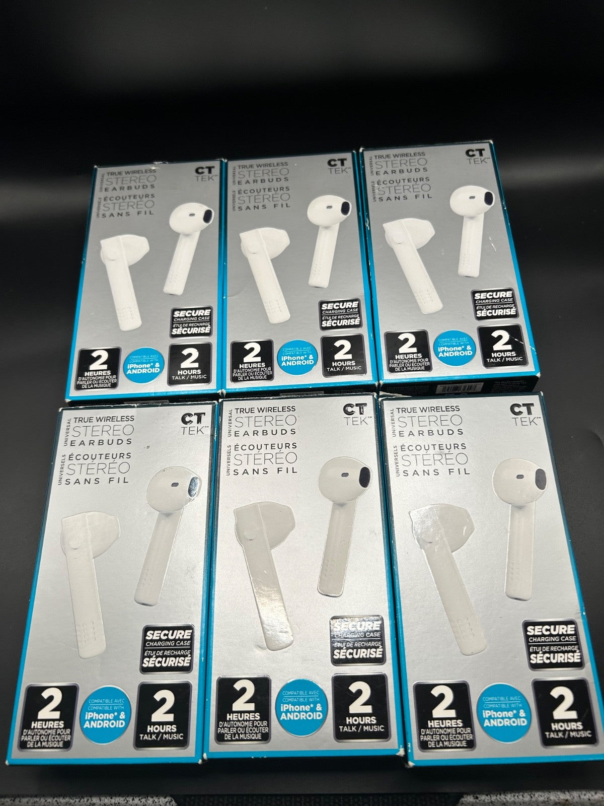 Lot of 6 CT TEK True Wireless Stereo Earbuds – Bluetooth, Mic, Charging Case