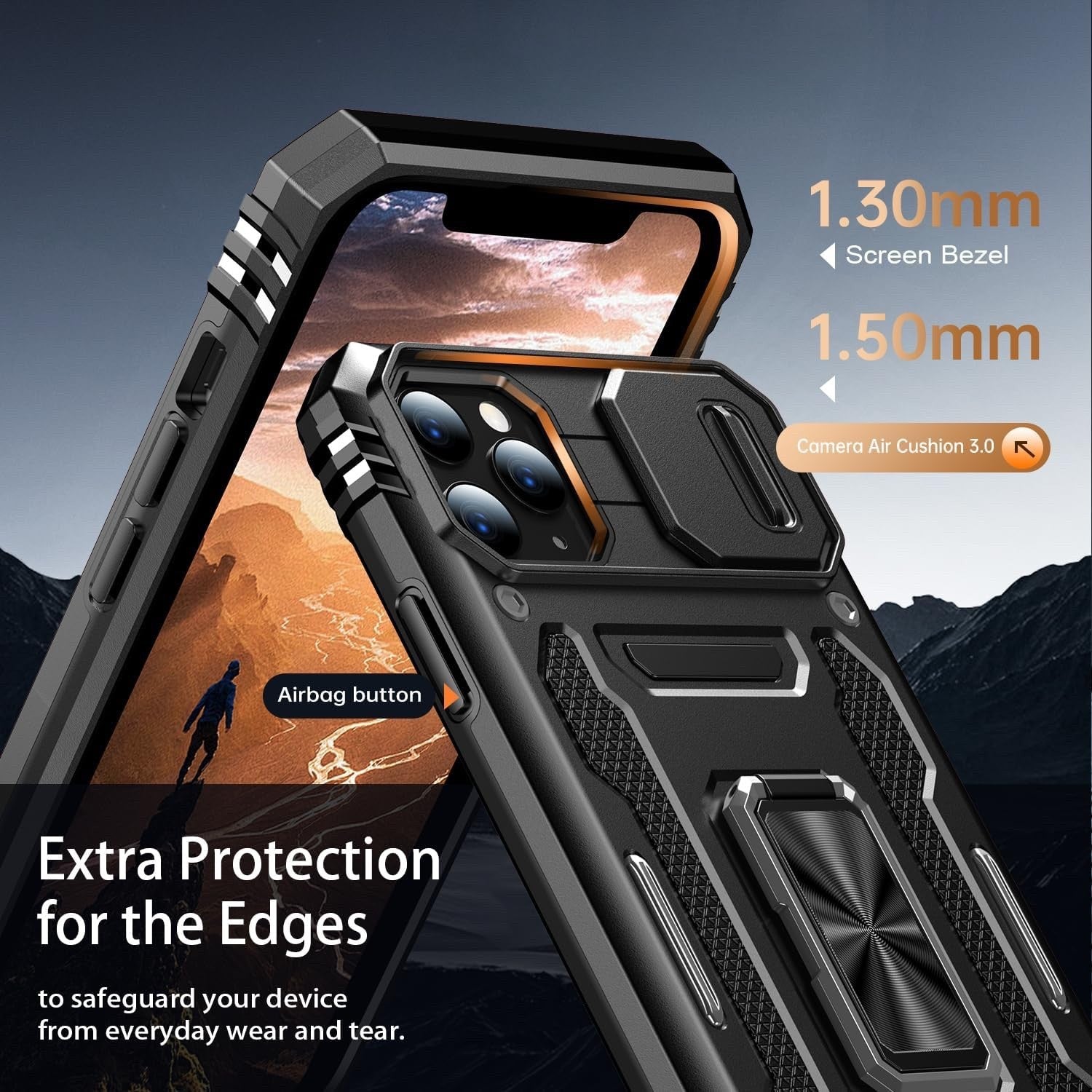 Goodon iPhone 11 Pro Case w/ Camera Cover + Screen Protector Kickstand Black