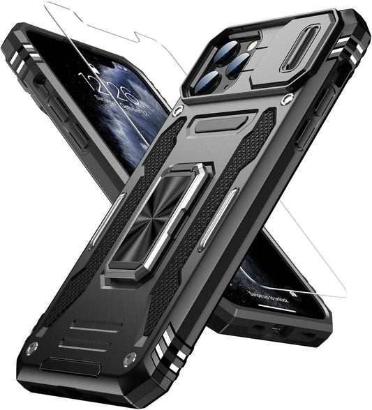 Goodon iPhone 11 Pro Case w/ Camera Cover + Screen Protector Kickstand Black