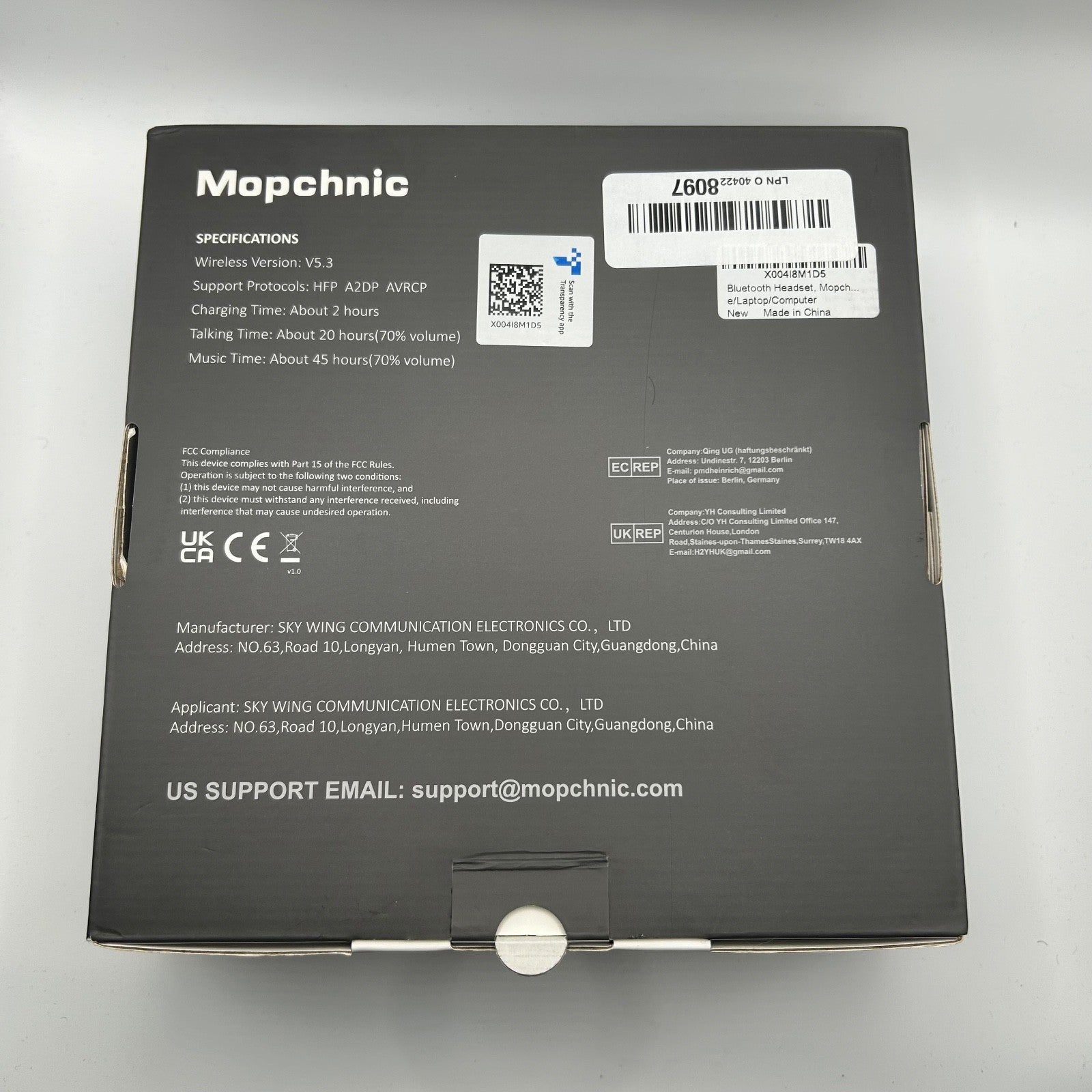 Mopchnic KH113M Wireless Bluetooth Headset w/ Mic & Charging Base Black