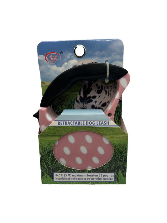 Retractable Dog Leash 16.5ft – Pink with White Polka Dots | For Dogs Up to 33 lb